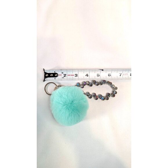 Purse charm keychain aqua pompom rhinestone sparkly bling wrist strap custom NEW - Picture 3 of 3